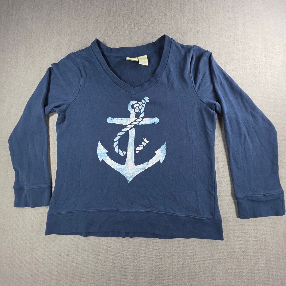 Caribbean Joe Sweatshirt Womens Medium Blue Anchor Graphic V-Neck Long Sleeve